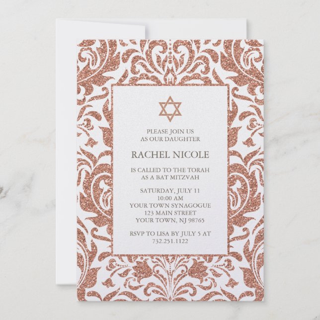 Elegant Faux Rose Gold Glitter Damask Bat Mitzvah Invitation (Front)