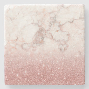 Elegant Faux Rose Gold Glitter White Marble Ombre Stone Coaster