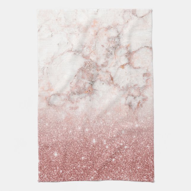Elegant Faux Rose Gold Glitter White Marble Ombre Tea Towel (Vertical)