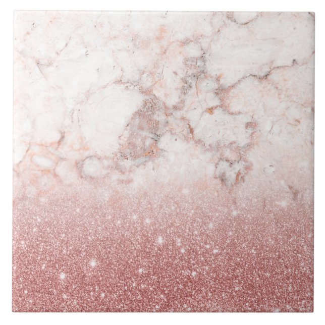 Elegant Faux Rose Gold Glitter White Marble Ombre Tile (Front)
