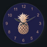 Elegant Faux Rose Gold Pineapple on Navy Blue Large Clock<br><div class="desc">This elegant clock features a faux rose gold pineapple and numbers on a dark,  navy blue background.</div>