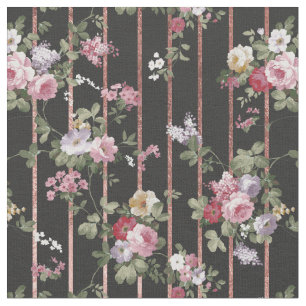 Elegant faux rose gold stripes pink vintage roses fabric