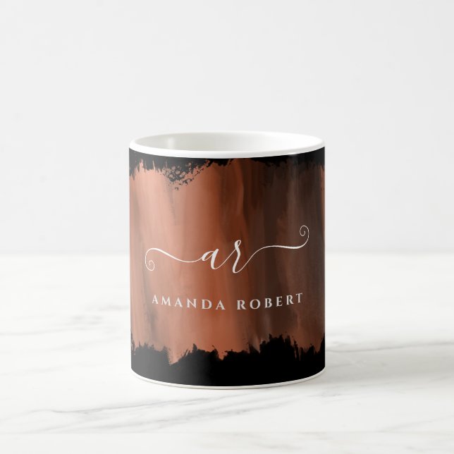 Elegant Faux Rose Gold Stroke Monogrammed Black Coffee Mug (Center)