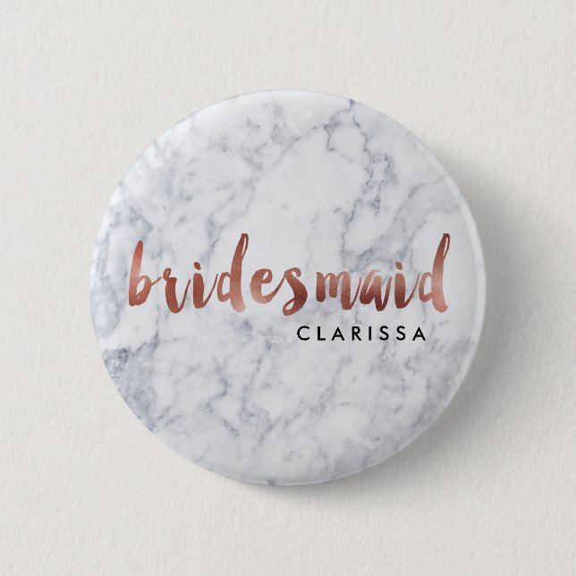 elegant faux rose gold white marble bridesmaid 6 cm round badge (Front)