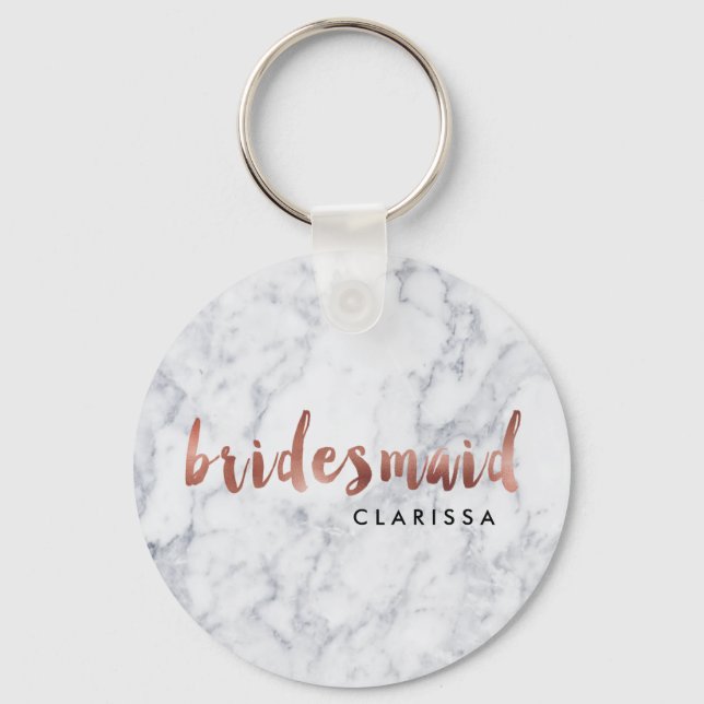 elegant faux rose gold white marble bridesmaid key ring (Front)