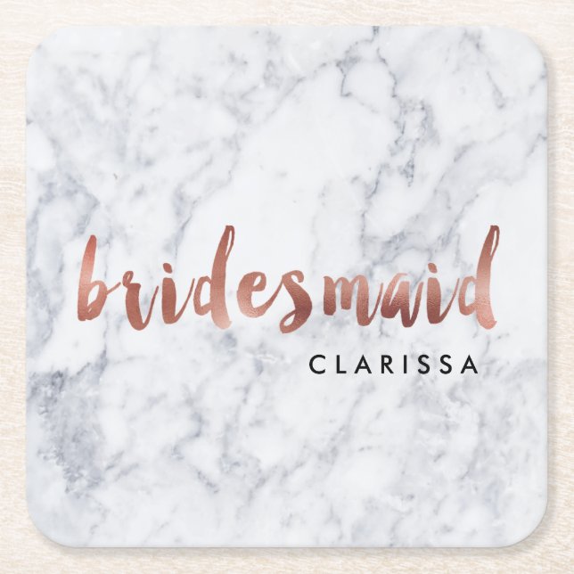 elegant faux rose gold white marble bridesmaid square paper coaster (Front)