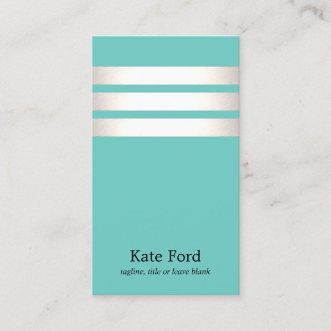 Elegant Faux Silver and Turquoise Striped Modern Business Card (Front)