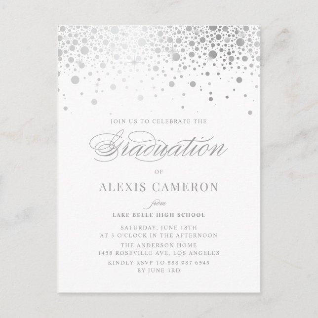 Elegant Faux Silver Foil Confetti Graduation Invitation Postcard (Front)