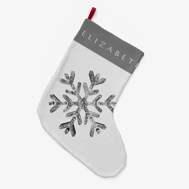 Elegant Faux Silver Grey Snowflake with Name Large Christmas Stocking (Front (Hanging))