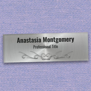 Elegant Faux Silver Metallic Scroll Art Black Text Name Tag