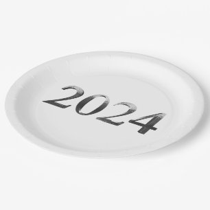 Elegant Faux Silver Numbers Happy New Year 2024 Paper Plate