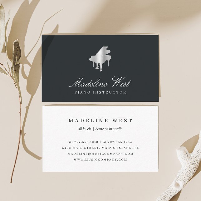 Elegant Faux Silver Piano Teacher or Pianist Business Card (Creator Uploaded)