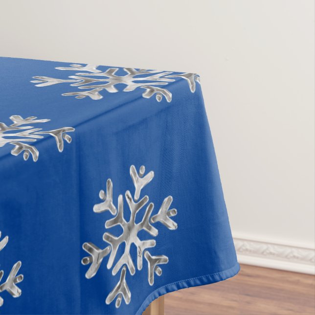 Elegant Faux Silver Snowflakes Blue Christmas Tablecloth (In Situ)