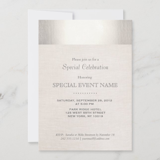 Elegant Faux Silver Striped Beige Linen Look Invitation (Front)
