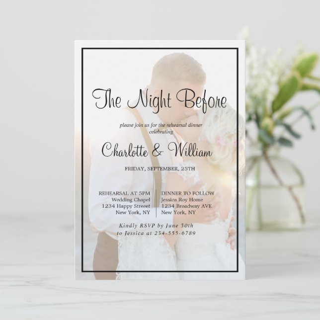 Elegant Faux Vellum Overlay Photo Rehearsal Dinner Invitation (Standing Front)