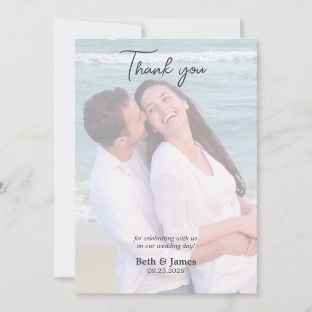 Elegant Faux Vellum Photo Beach Wedding Thank you  Card (Front)