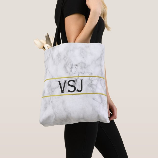 Elegant Faux White Marble and Monogram Tote Bag (Close Up)
