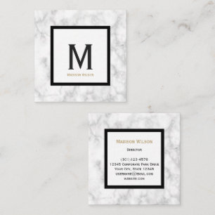 Elegant Faux White Marble Black Monogram Initial Square Business Card