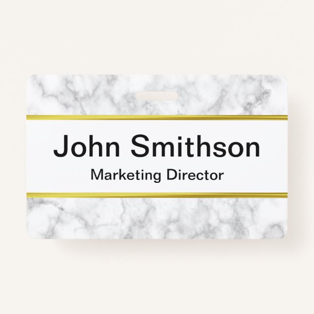 Elegant Faux White Marble Black Name Job Title ID Badge (Front)