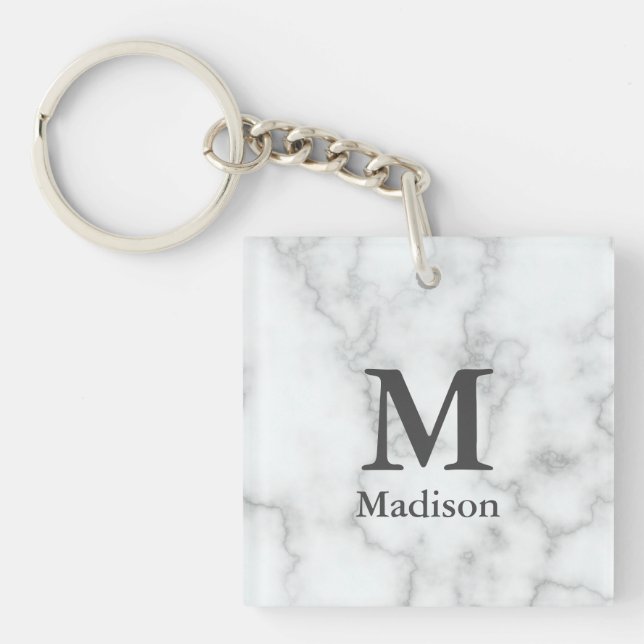 Elegant Faux White Marble Gray Monogram Name Key Ring (Front)