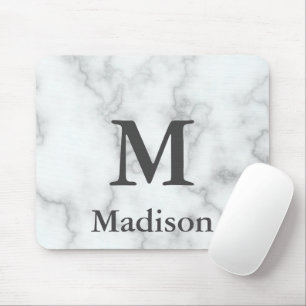 Elegant Faux White Marble Grey Name and Monogram Mouse Mat