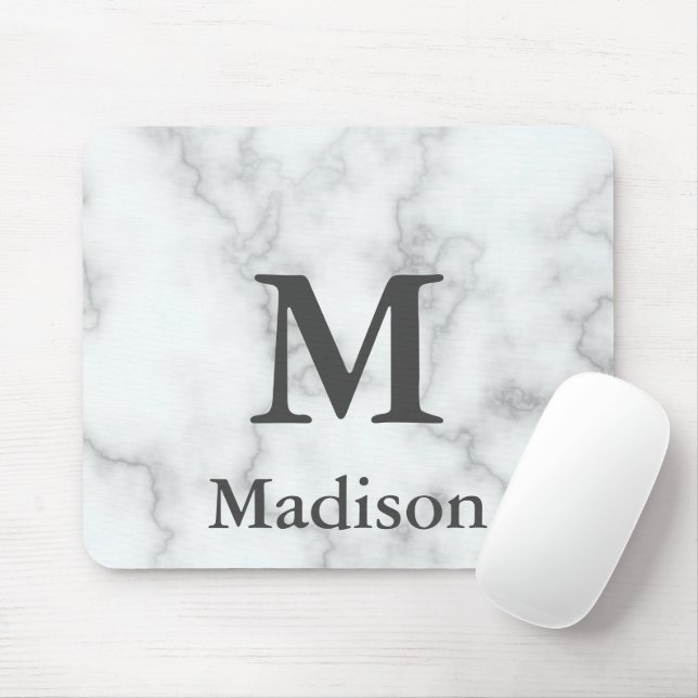 Elegant Faux White Marble Grey Name and Monogram Mouse Mat (With Mouse)