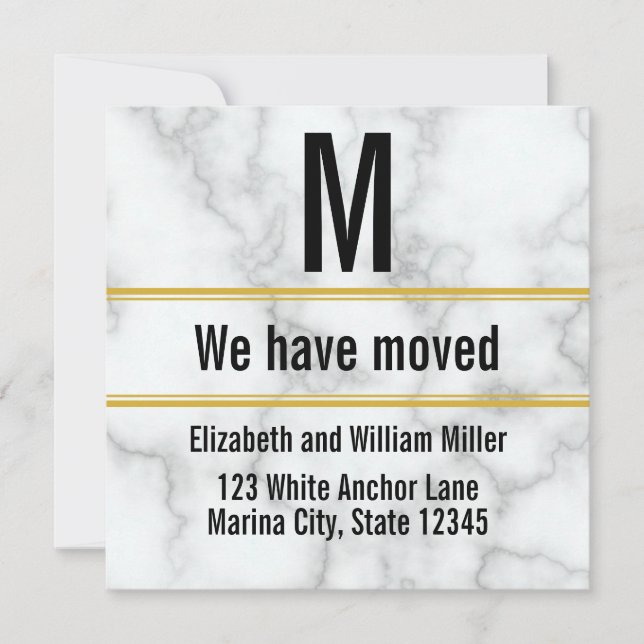 Elegant Faux White Marble Monogram We Have Moved Announcement (Front)