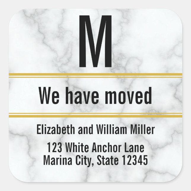 Elegant Faux White Marble Monogram We Have Moved Square Sticker (Front)