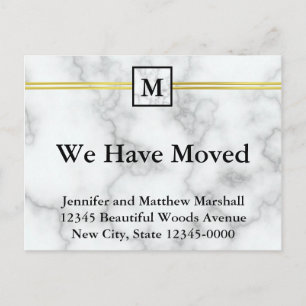 Elegant Faux White Marble Monogrammed Moving  Announcement Postcard