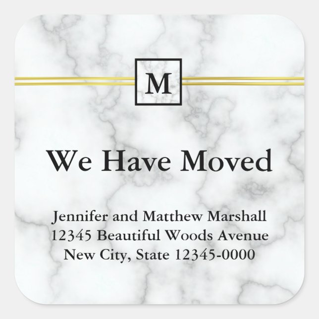 Elegant Faux White Marble Moving Announcement Square Sticker (Front)