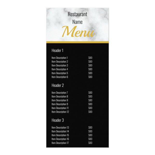 Elegant Faux White Marble Restaurant Menu (Front)