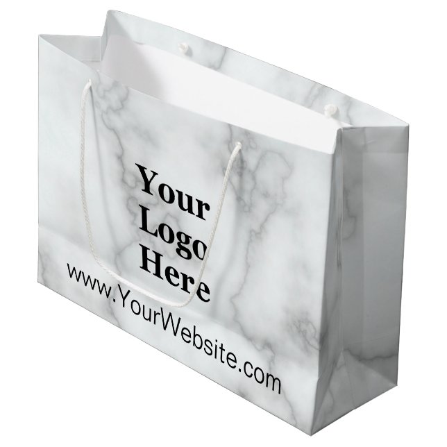 Elegant Faux White Marble Website & Business Logo Large Gift Bag (Front Angled)