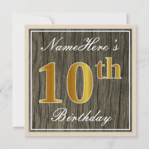 Elegant, Faux Wood, Faux Gold 10th Birthday + Name Invitation