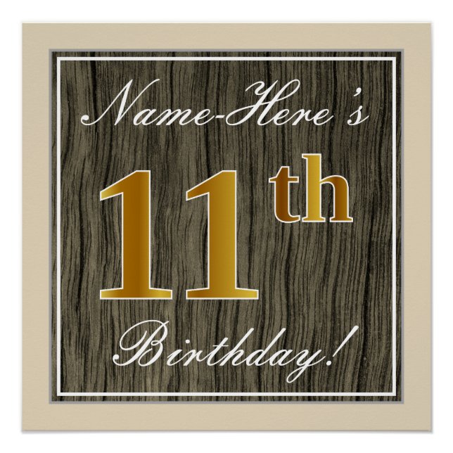 Elegant, Faux Wood, Faux Gold 11th Birthday + Name Poster (Front)
