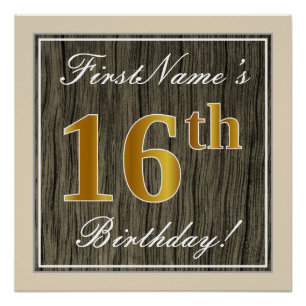 Elegant, Faux Wood, Faux Gold 16th Birthday + Name Poster