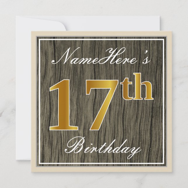Elegant, Faux Wood, Faux Gold 17th Birthday + Name Invitation (Front)