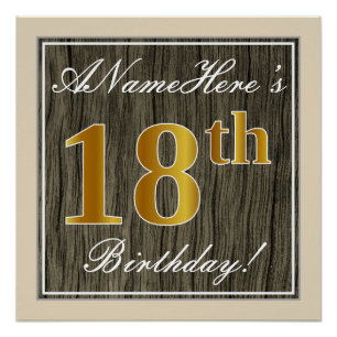 Elegant, Faux Wood, Faux Gold 18th Birthday + Name Poster