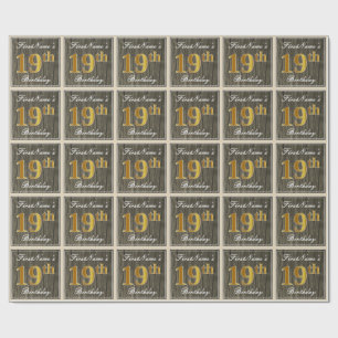 Elegant, Faux Wood, Faux Gold 19th Birthday + Name Wrapping Paper