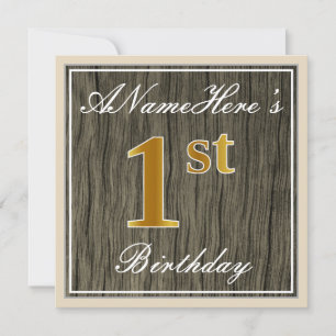 Elegant, Faux Wood, Faux Gold 1st Birthday + Name Invitation