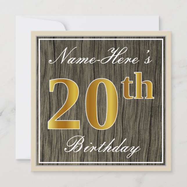 Elegant, Faux Wood, Faux Gold 20th Birthday + Name Invitation (Front)