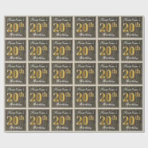 Elegant, Faux Wood, Faux Gold 20th Birthday + Name Wrapping Paper