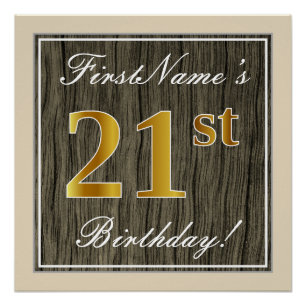Elegant, Faux Wood, Faux Gold 21st Birthday + Name Poster