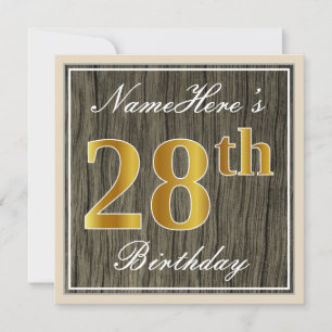 Elegant, Faux Wood, Faux Gold 28th Birthday + Name Invitation