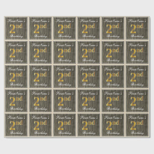 Elegant, Faux Wood, Faux Gold 2nd Birthday + Name Wrapping Paper