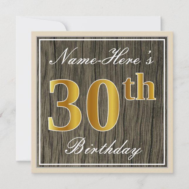 Elegant, Faux Wood, Faux Gold 30th Birthday + Name Invitation (Front)