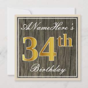 Elegant, Faux Wood, Faux Gold 34th Birthday + Name Invitation