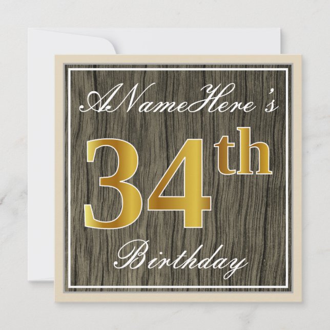 Elegant, Faux Wood, Faux Gold 34th Birthday + Name Invitation (Front)