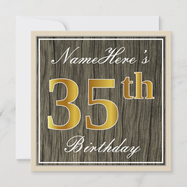 Elegant, Faux Wood, Faux Gold 35th Birthday + Name Invitation (Front)