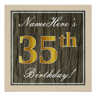 Elegant, Faux Wood, Faux Gold 35th Birthday + Name Poster