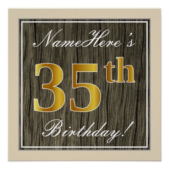 Elegant, Faux Wood, Faux Gold 35th Birthday + Name Poster (Front)